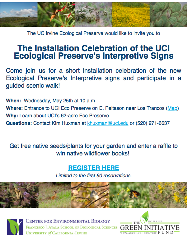 Green Initiative Fund Installation Celebration of UCI Ecological Preserve's Interpretive Signs poster.