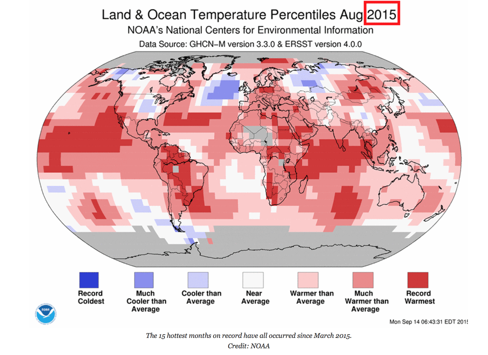 Land and Ocean Temperature Percentiles August 2015 graph.