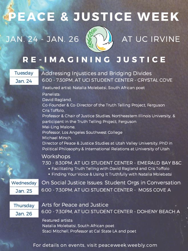 Peace & Justice Week at UC Irvine: Re-imagining Justice poster.