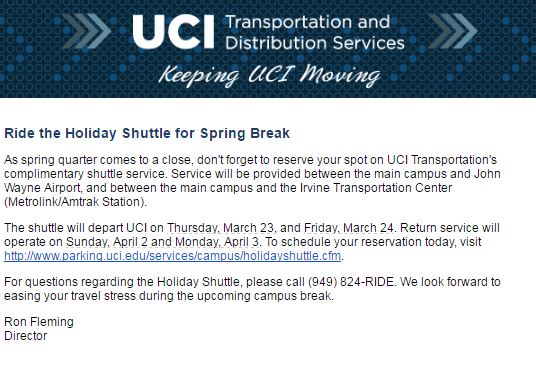 Ride the Holiday Shuttle for Spring Break poster.