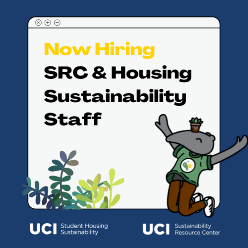 Anteater in green tshirt jumping, now hiring src and housing sustainability staff