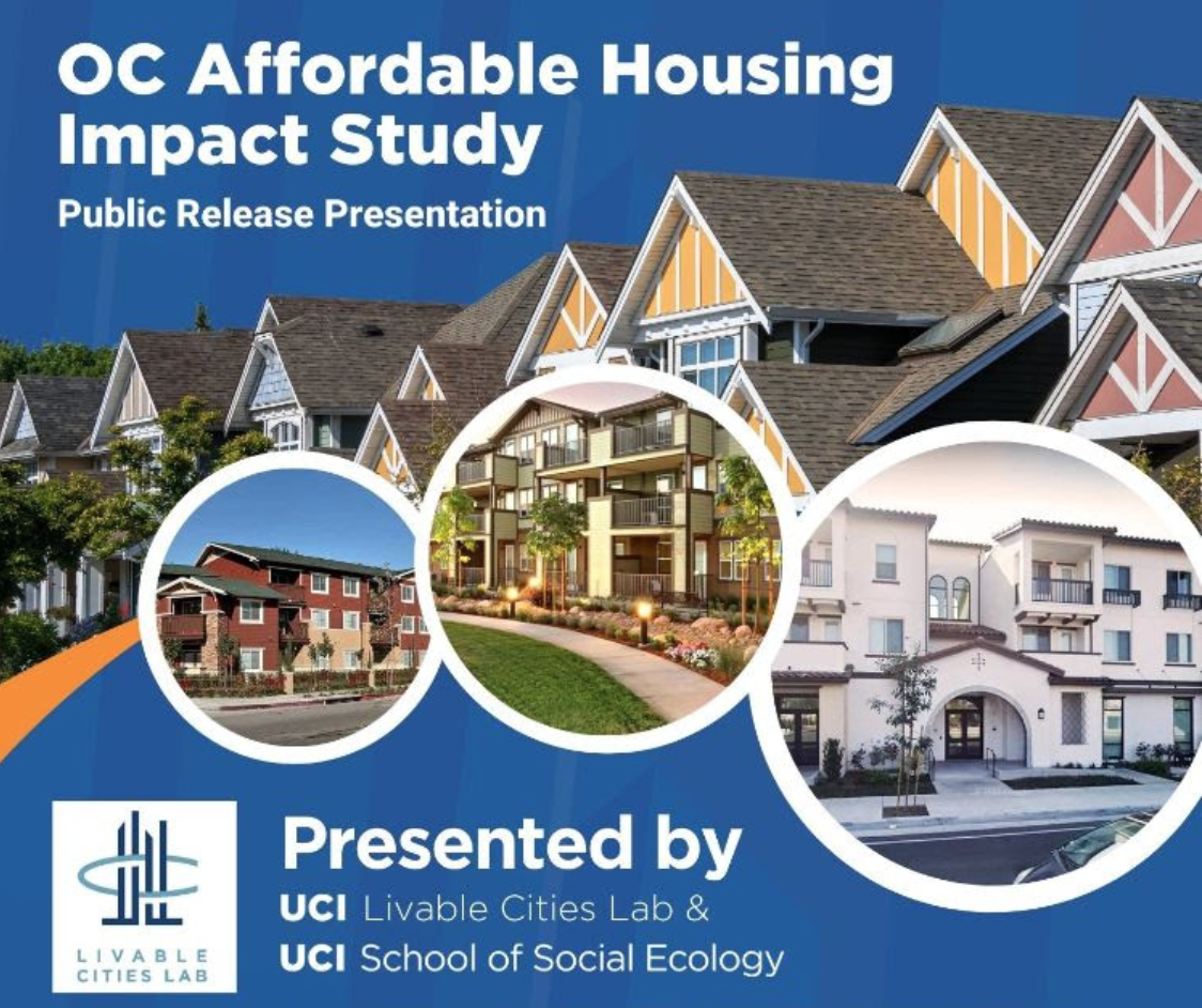 blue background, houses, OC Affordable Housing Impact Study Public Release Presentation, UCI Livable Cities Lab and UCI School of Social Ecology logos