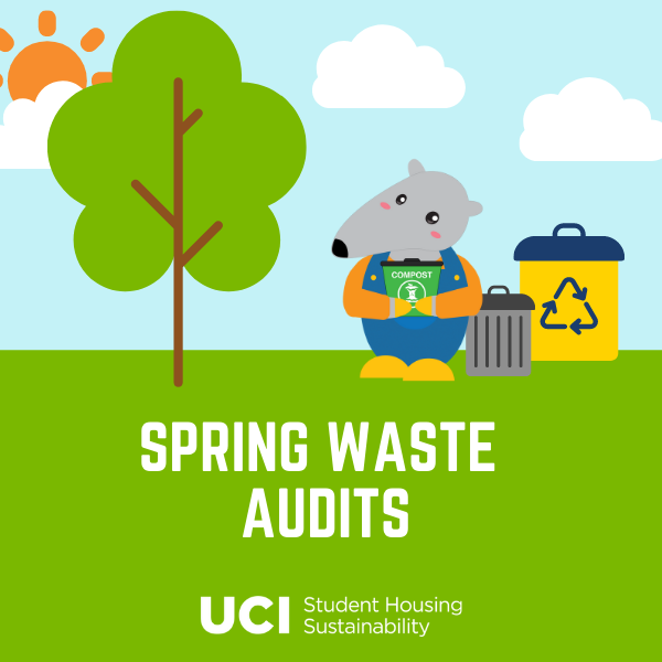 anteater in green field with waste bins, tree, blue sky, Spring Waste Audits, UCI Housing Sustainability logo