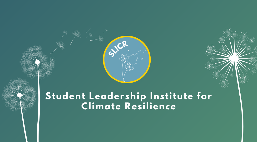 text says Student Leadership Institute for Climate Resilience, image is dandelions blowing in the wind with a green background.