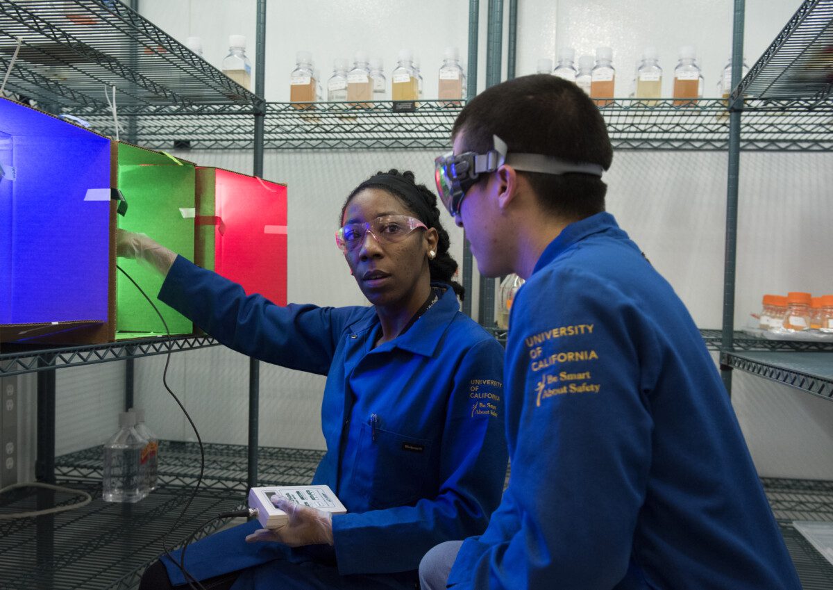 Earth System Science Assistant Professor Kate Mackey in her lab with grad and undergrad students..Steve Zylius/UCI